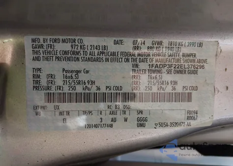 2014 Ford Focus Se from USA, damaged, VIN 1FADP3F22EL376296